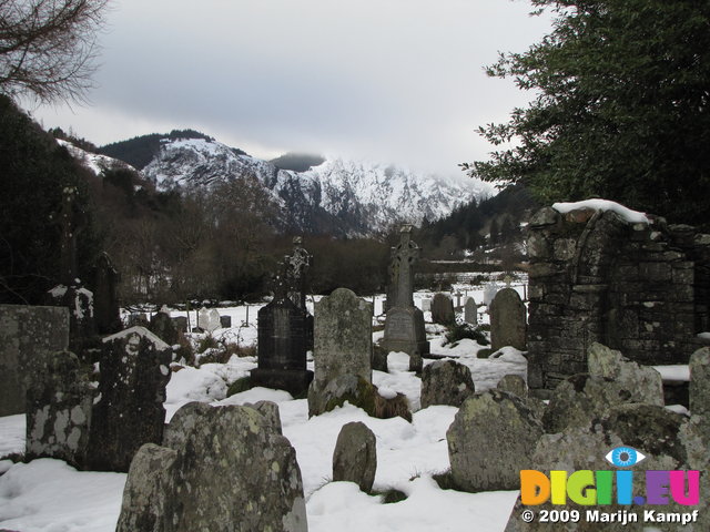 SX02677 Snow on tomb stones in Glendalough with view to Lugduff mountain